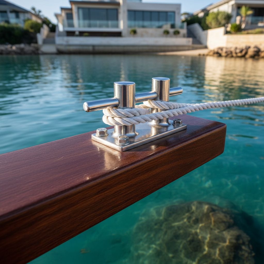 Stainless cleat bolted into hardwood decking