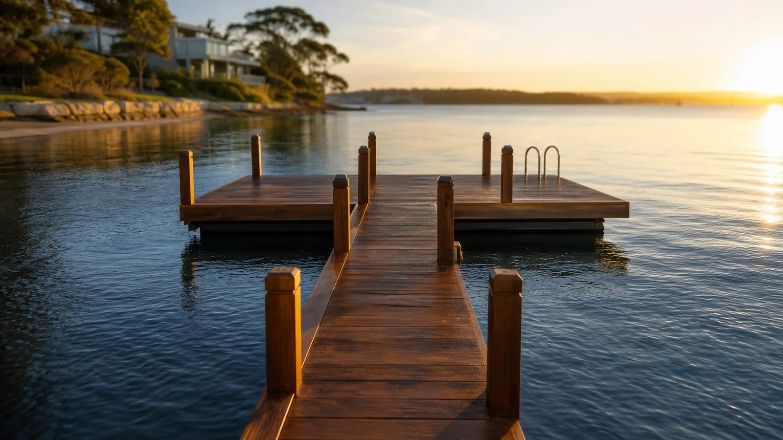Timber waterfront walkway leading to a wider platform with posts and a ladder